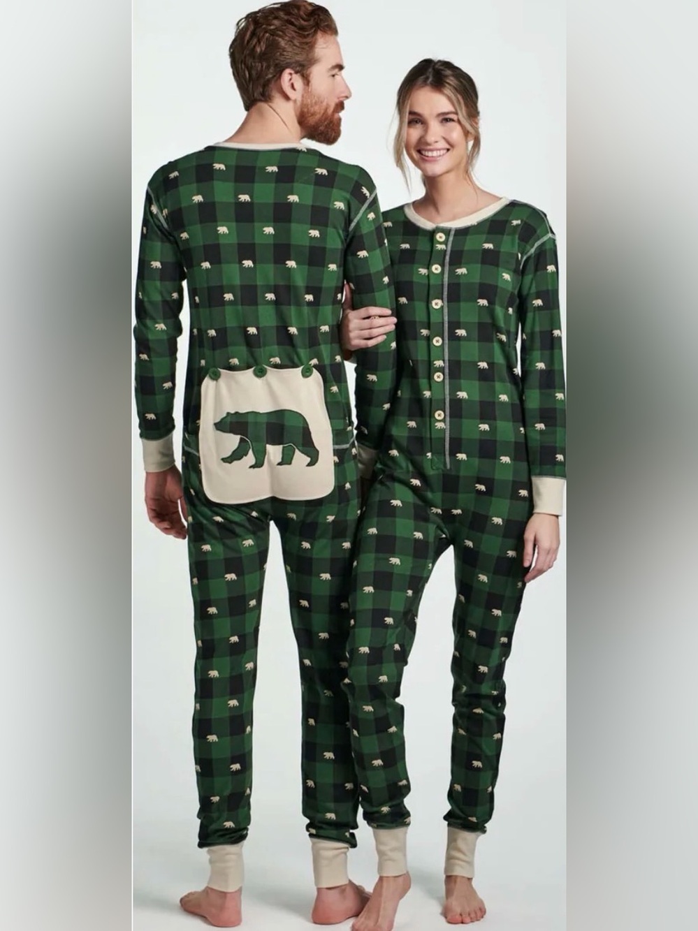 Little Blue House Bear Plaid Unisex Onesie Pajamas M | Green Buffalo Check Adult